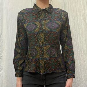 Multicolored Vintage 90s Geometric Blouse Purple, green, blue, yellow, brown